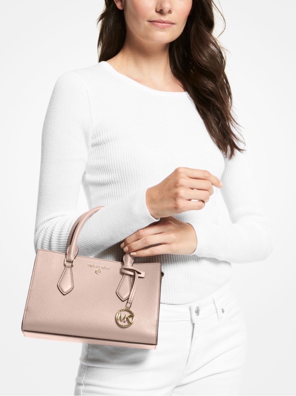 Michael Kors Pebbled Leather Satchel in Blush Pink with Gold Hardware